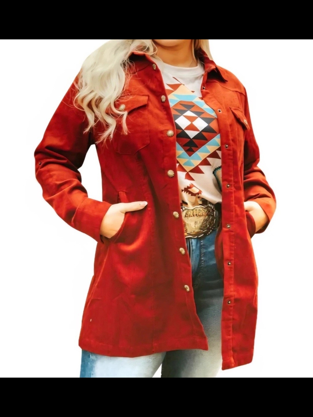Women's Corduroy Pearl Snap Tunic Shacket Rust